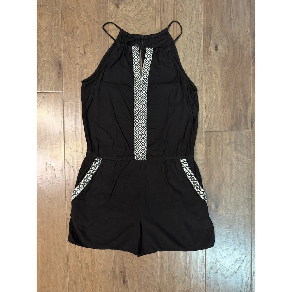 BCX Womens Black Halter Romper Geometric Embroidered Trim Size M Sleeveless